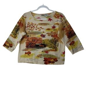 Collections Etc Top Women Medium Fall Floral Sequin Blouse  Artsy Leaves Stretch